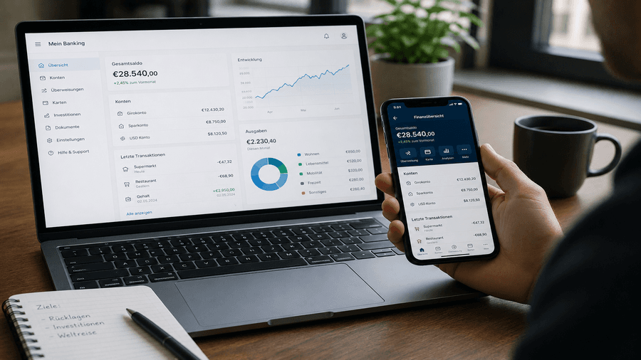 Person nutzt digitale Finanzdienstleistungen auf Laptop und Smartphone als Symbol für finanzielle Souveränität im digitalen Zeitalter.