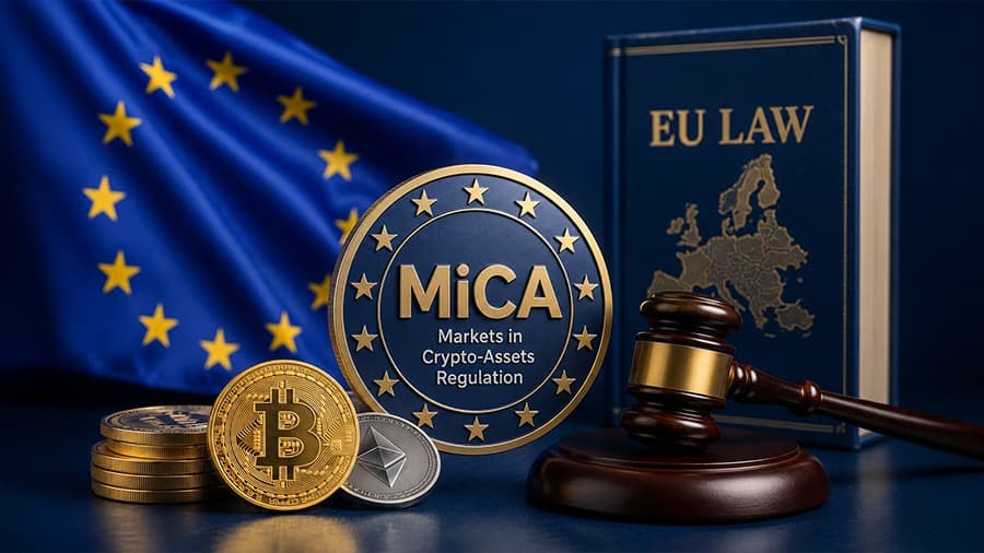 DE MiCA einfach erklärt: Darstellung der europäischen Kryptoregulierung mit EU-Flagge, Kryptowährungen sowie Symbolen für Sicherheit, Transparenz und Compliance.